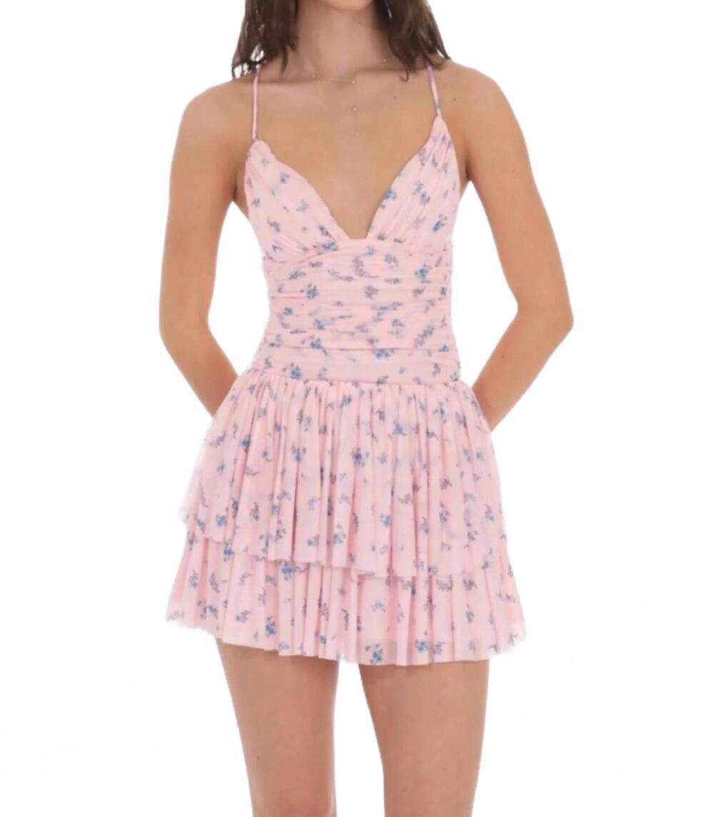 NEW LUCY IN THE SKY floral mesh tiered mini dress in pink